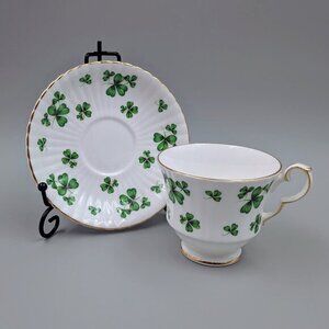 Vintage Hammersley Bone China Teacup & Saucer Set: Shamrocks with Gold Trim